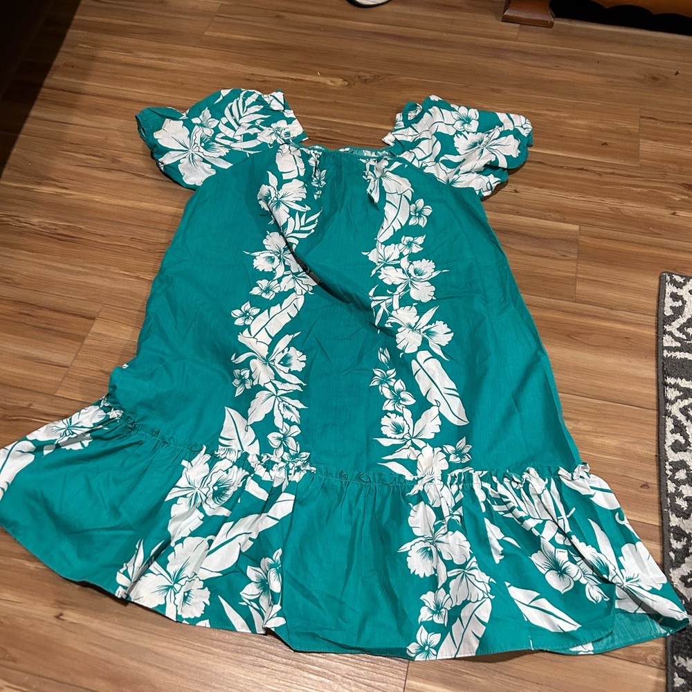 Vintage Hawaii Made Tropical Causal Dress Size Large Teal and White - Picture 4 of 7